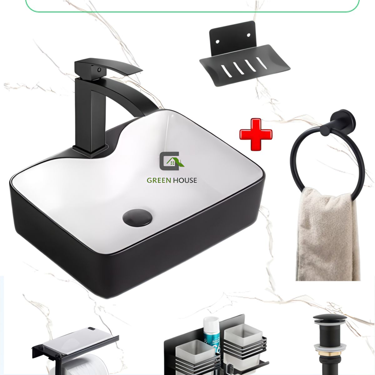 GREEN HOUSE - COMBO DE LAVATORIO NEGRO CON BLANCO +MEZCLADORA CON  ACCESORIOS