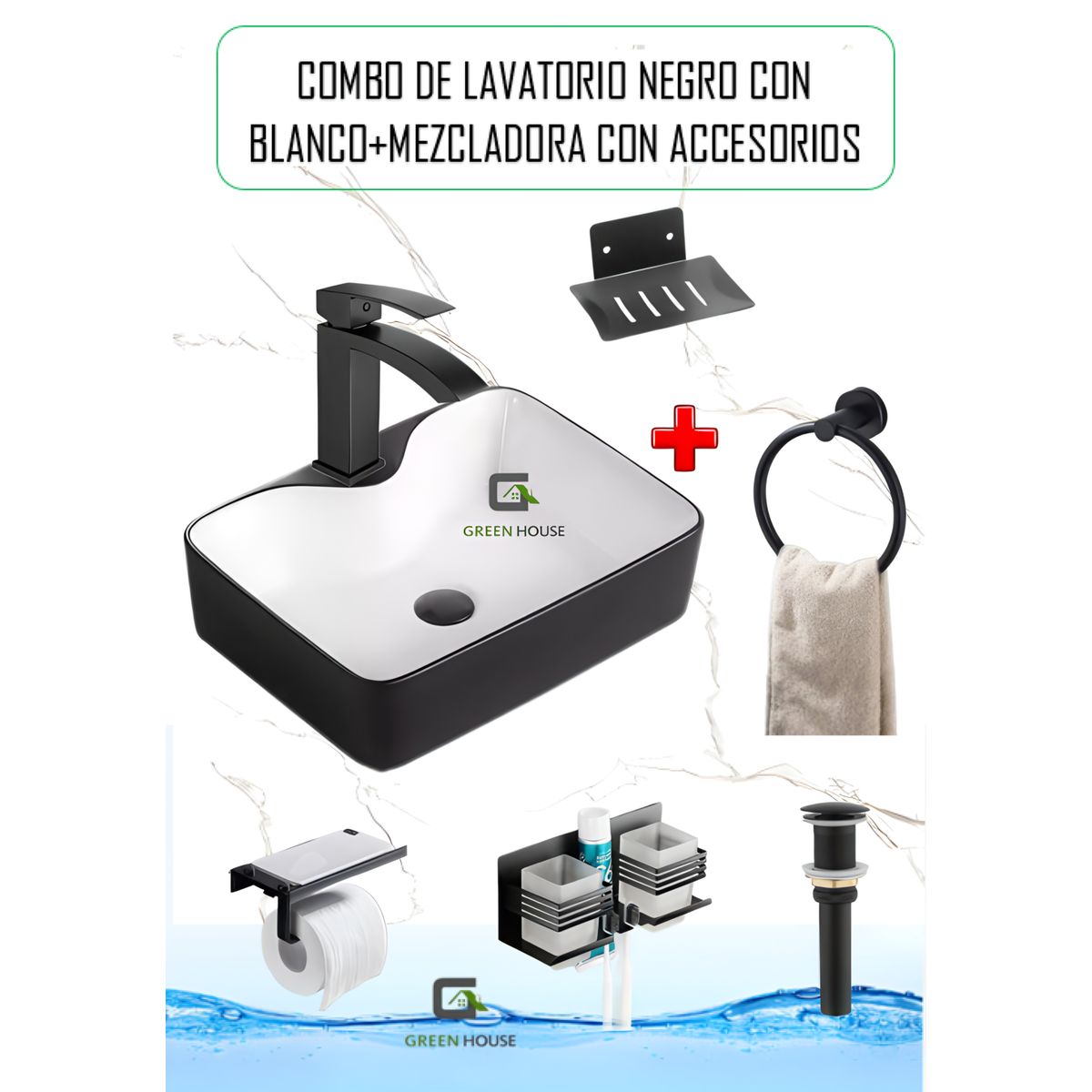 GREEN HOUSE - COMBO DE LAVATORIO NEGRO CON BLANCO +MEZCLADORA CON  ACCESORIOS