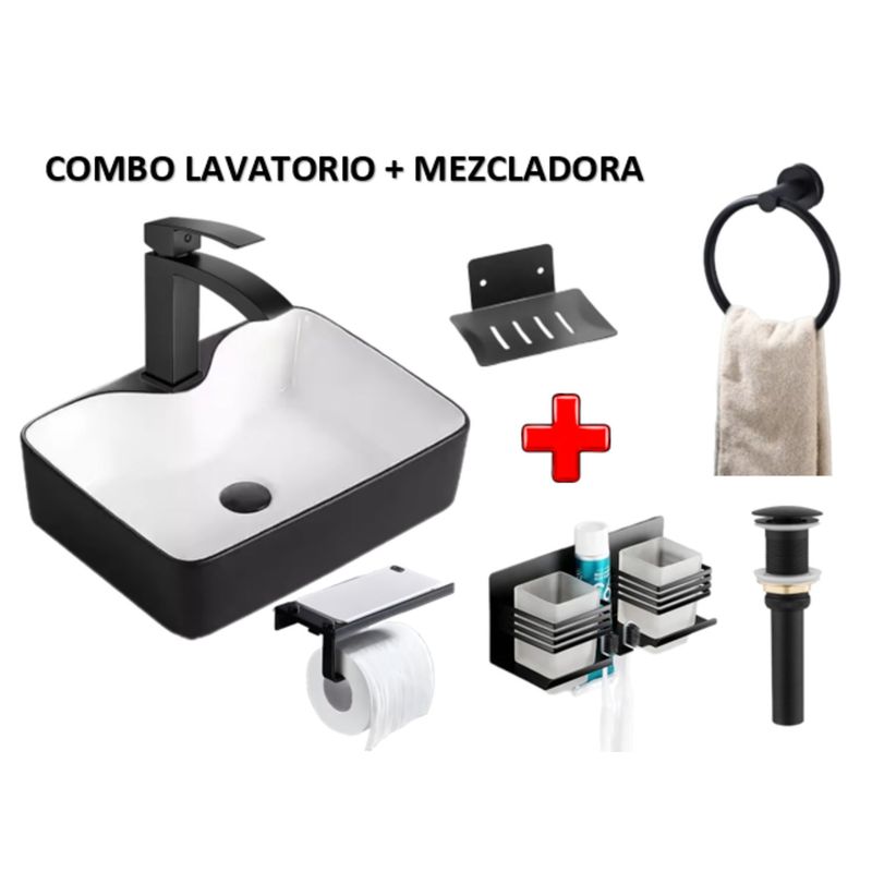 IMPORTADO MC - COMBO DE LAVATORIO NEGRO CON BLANCO +MEZCLADORA CON  ACCESORIOS