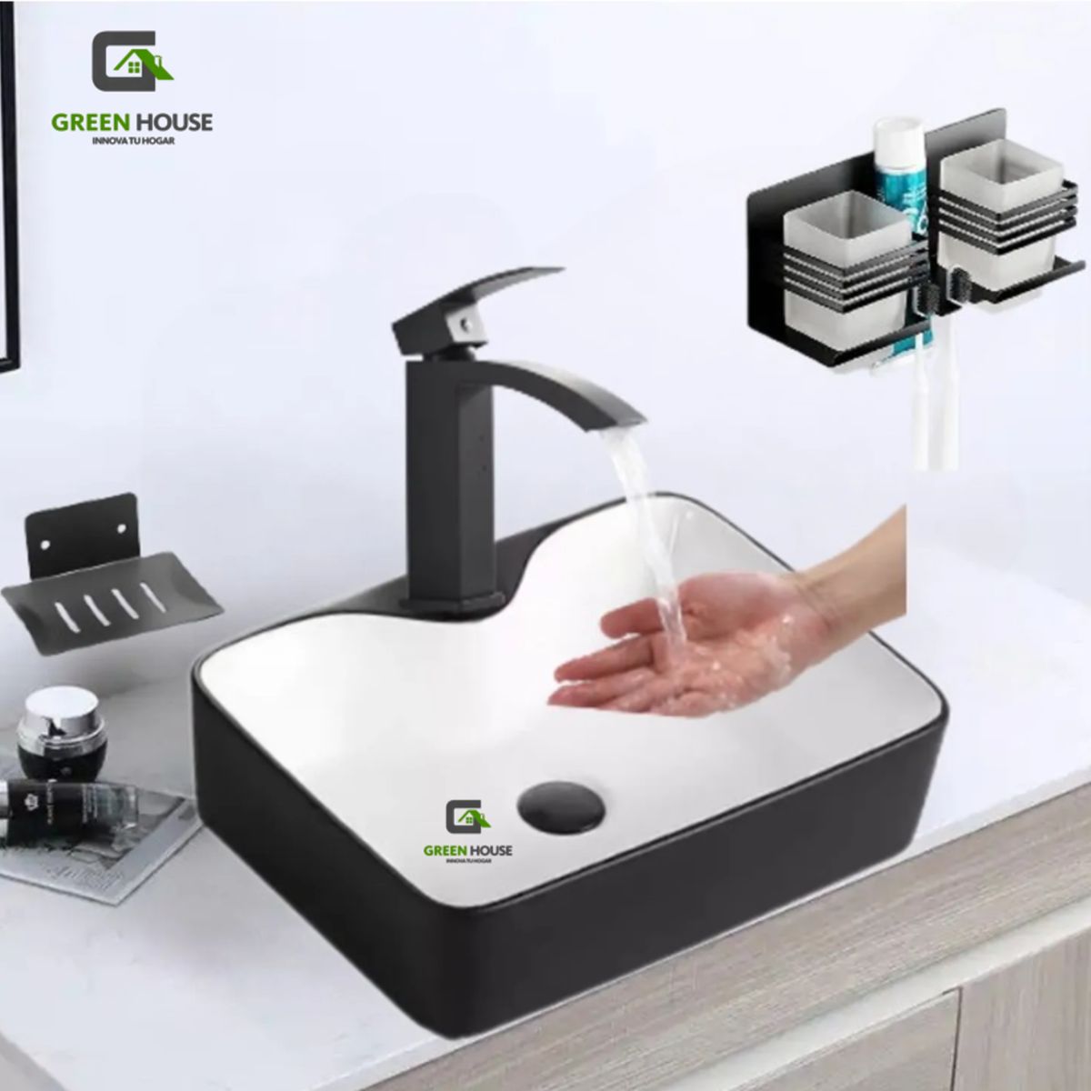 GREEN HOUSE - COMBO DE LAVATORIO NEGRO CON BLANCO +MEZCLADORA CON  ACCESORIOS