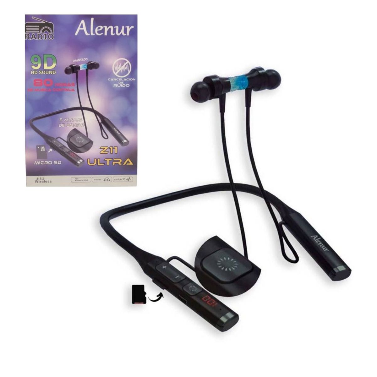 ALENUR - Audifonos Bluetooth Deportivos Alenur Z11 Uktra 80 Horas Negro