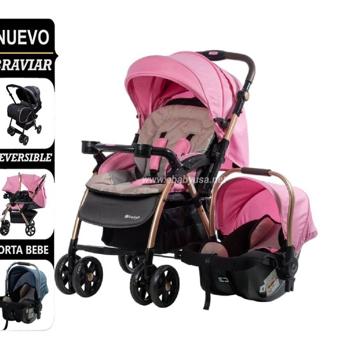 EBABY - Coche Cuna con porta bebe Braviar 4 EN 1 1092-1 Rosado