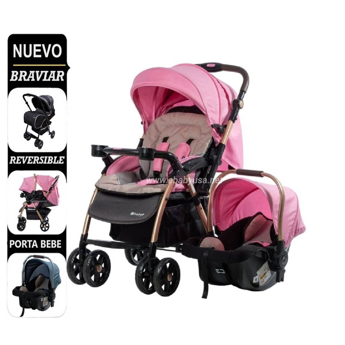 EBABY - Coche Cuna con porta bebe Braviar 4 EN 1 1092-1 Rosado