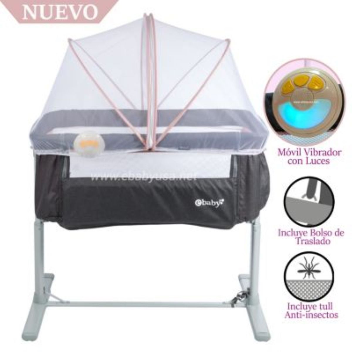 EBABY - Cuna Colecho Ebaby Musical y Vibrador TAMI Rosado