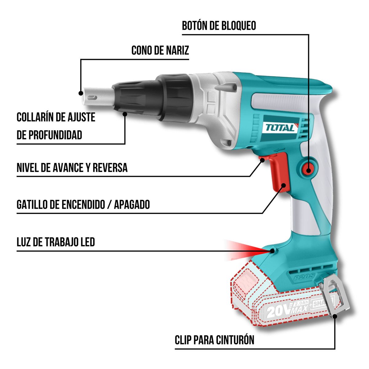 TOTAL TOOLS - Atornillador de drywall 20v + bateria 2ah y cargador Total