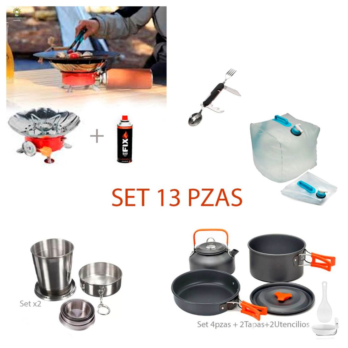 GENERICO - Pack campamento 13 piezas mini cocina y utensilios