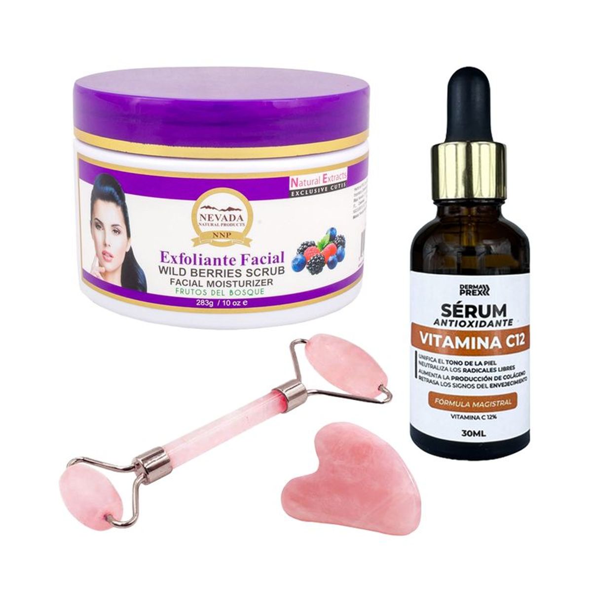 NEVADA NATURAL PRODUCTS - Exfoliante Facial Frutos Bosque + Serum Vitamina C12 + Rodillo