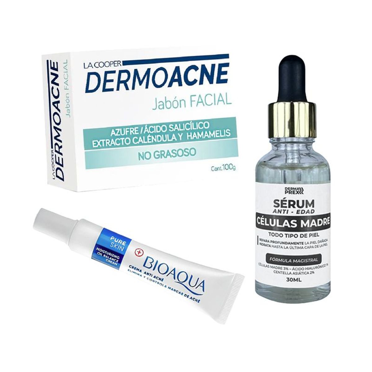 BIOAQUA - Crema Antiacne Pure Skin + Serum Células Madre + Jabón Dermoacne