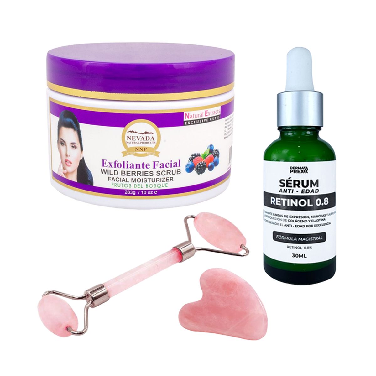 NEVADA NATURAL PRODUCTS - Exfoliante Facial Frutos Bosque + Serum Retinol 08 + Rodillo