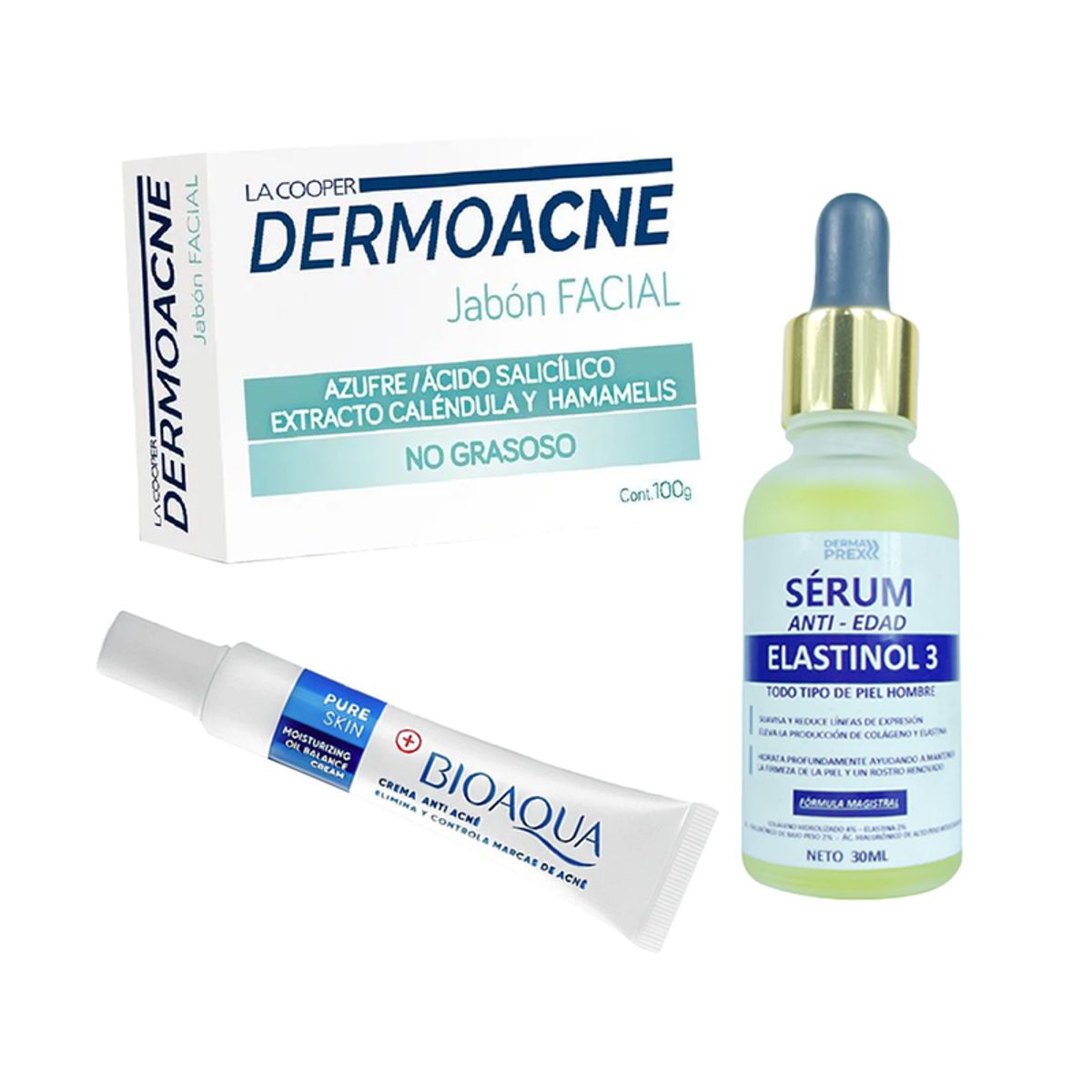 BIOAQUA - Crema Antiacne Pure Skin + Serum Elastinol Man + Jabón Dermoacne