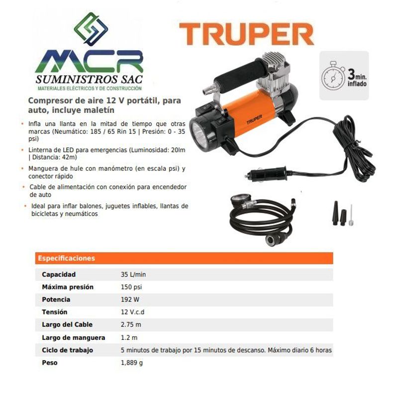 TRUPER - Compresor de aire 12V portátil para auto con LINTERNA Y maletín TRUPER