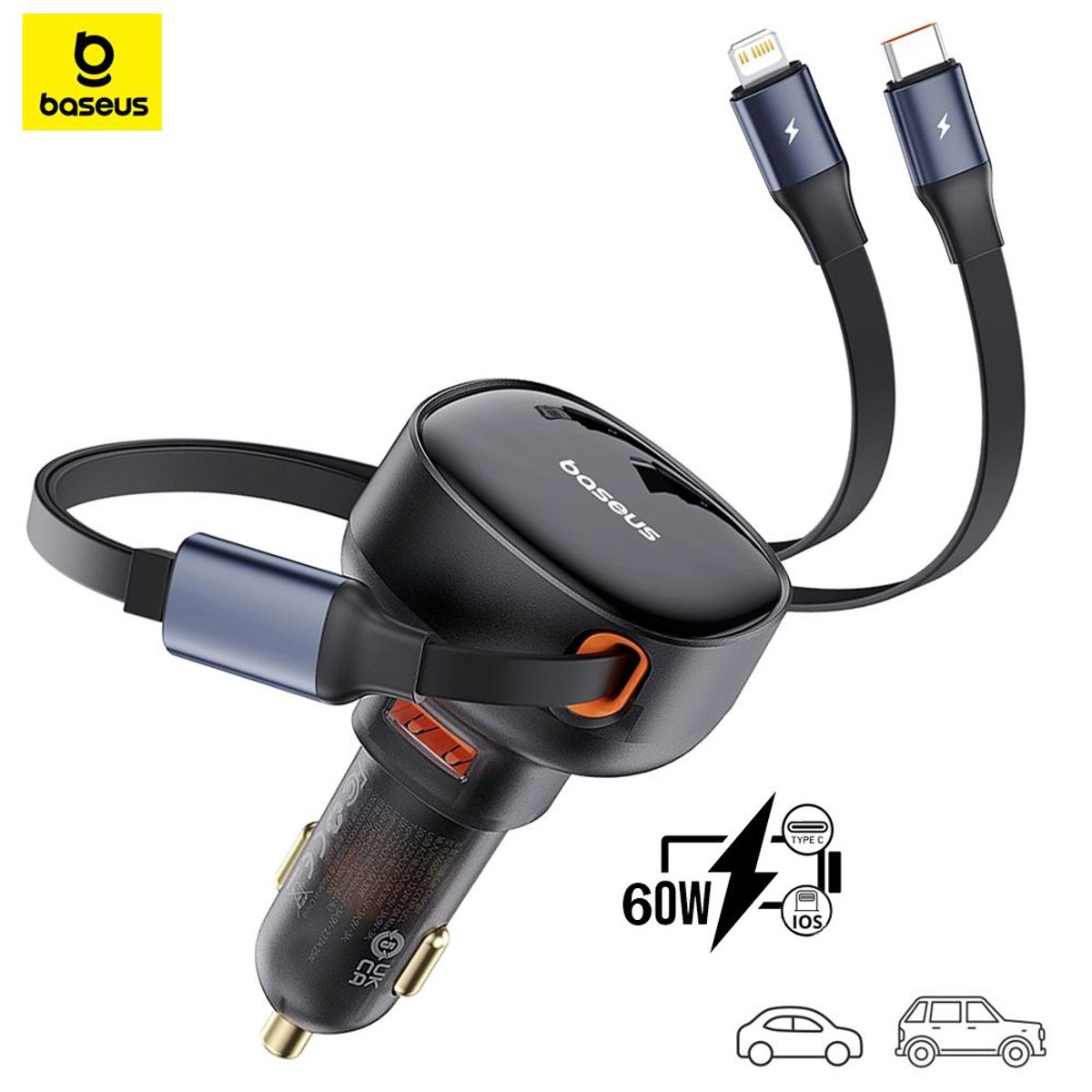 BASEUS - Baseus Cargador Auto 60W PD30 + Cable USB-C y Lightning + USB