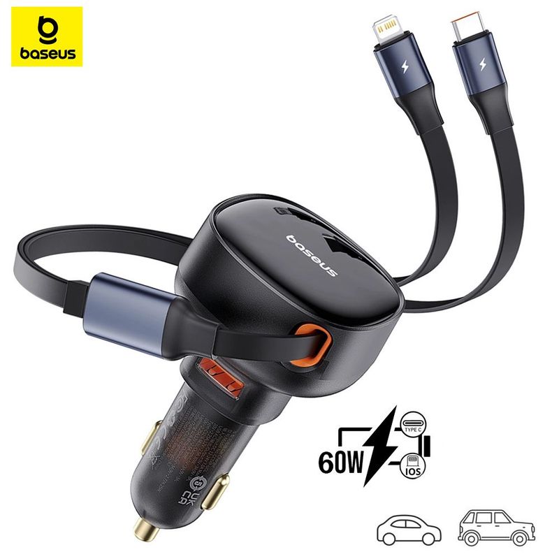BASEUS - Baseus Cargador Auto 60W PD30 + Cable USB-C y Lightning + USB