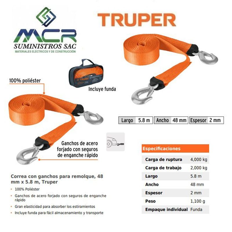TRUPER - Correa o soga con ganchos para remolque 48mmx58 m Truper