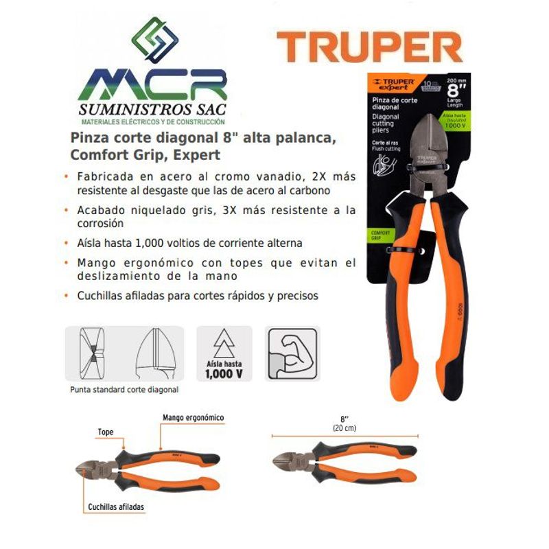 TRUPER - Alicate o pinza corte diagonal 8 pulgadas aislante 1000V Truper