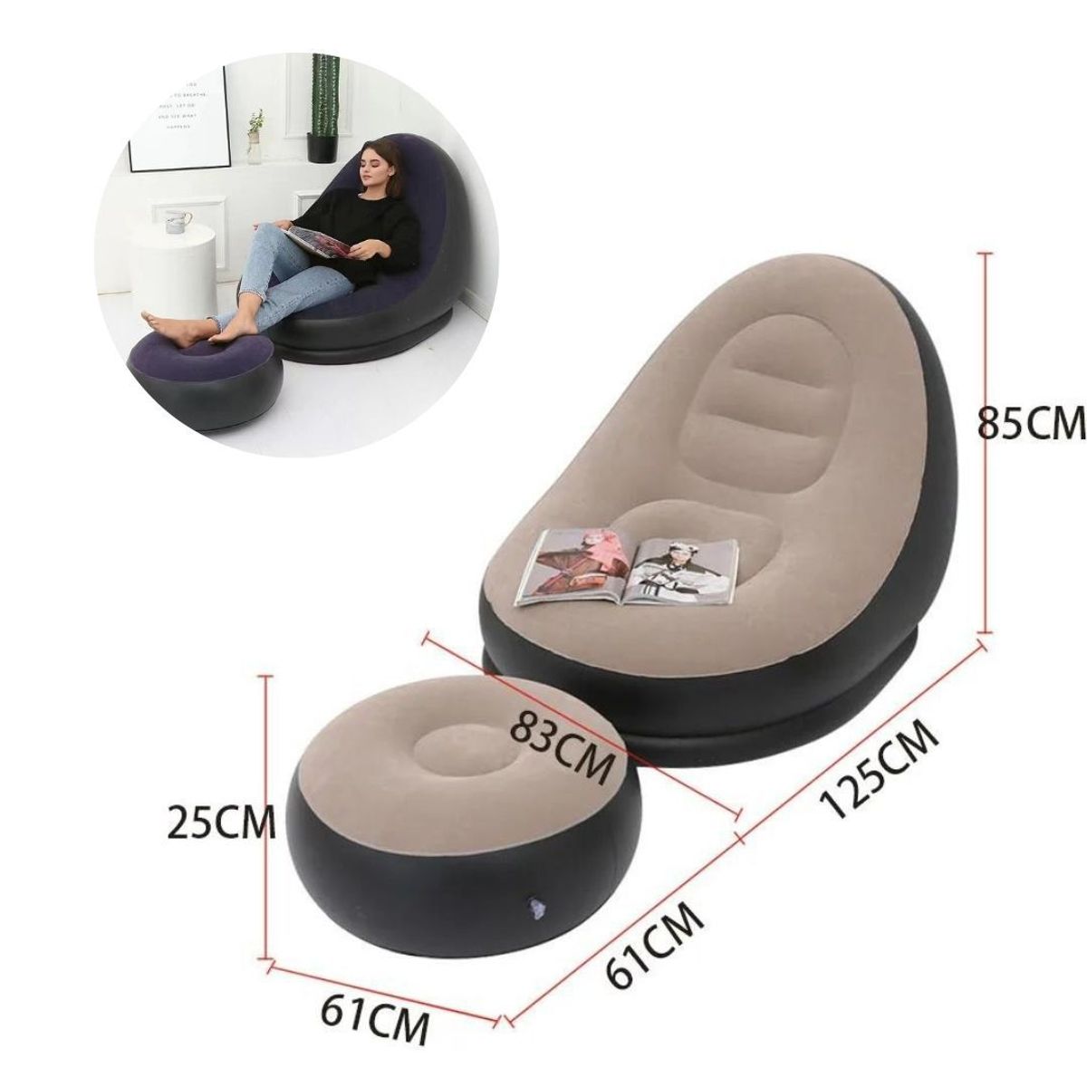 GENERICO - Puff Sillón Inflable Con Posapies Beige Con Negro