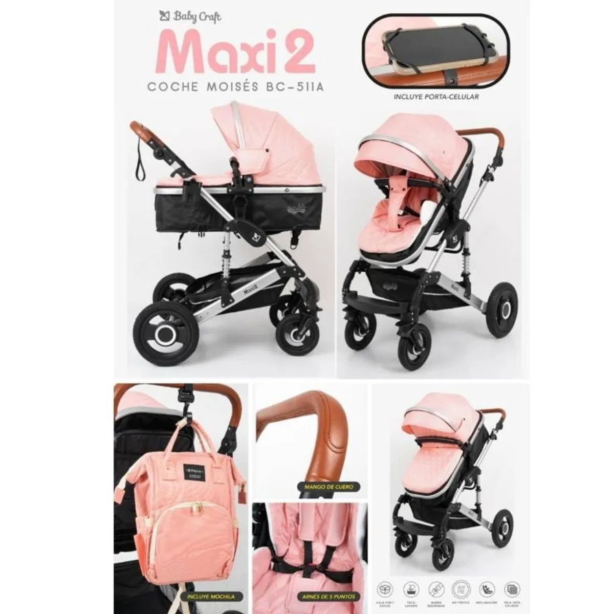 GENERICO - Coche Moises Maxi 2 BEBE ROSADO BC-511A