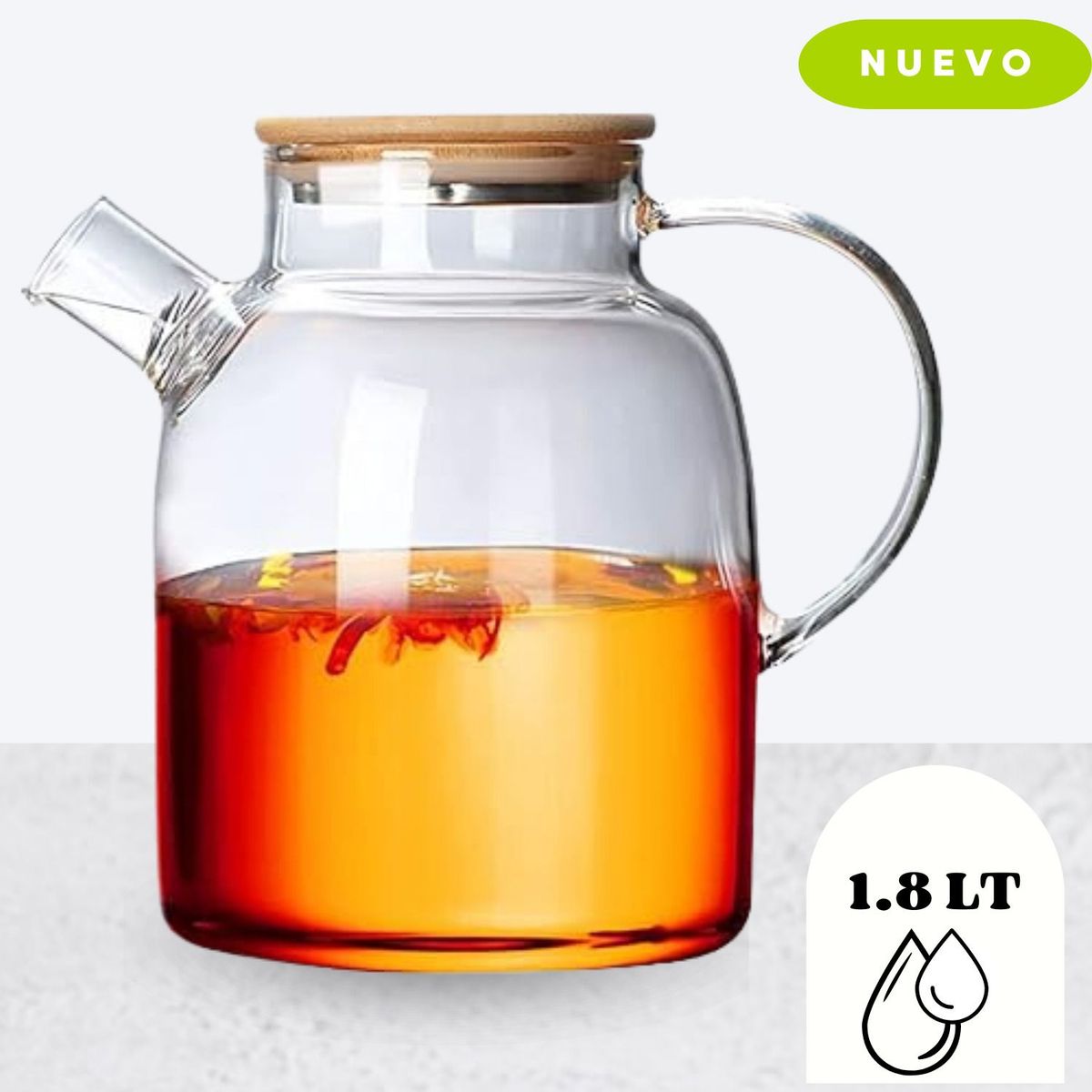 ICHIMATSU - Tetera Transparente de Vidrio de Borosilicato con Tapa de Bambú 1.8 L