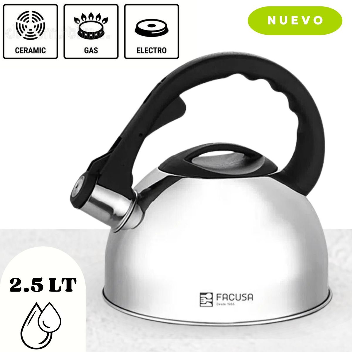 FACUSA - Tetera Elegante de Acero Inoxidable con Silbador 25LT