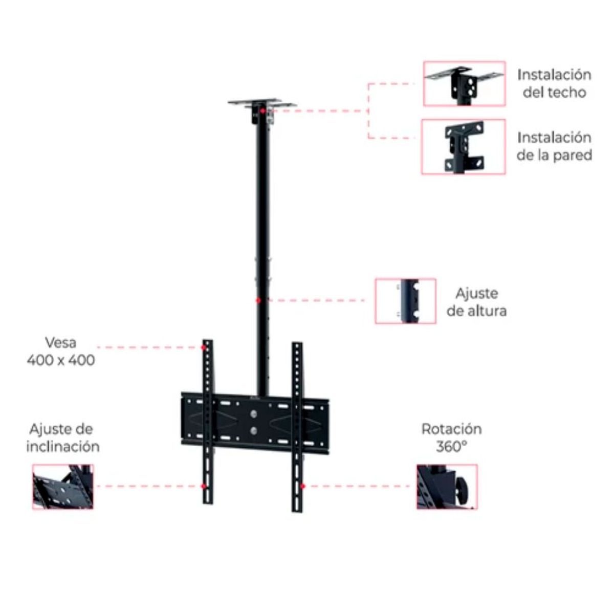 SEISA - Rack 32 a 72 pulgadas De Techo para tv Colgante o Pared Negro