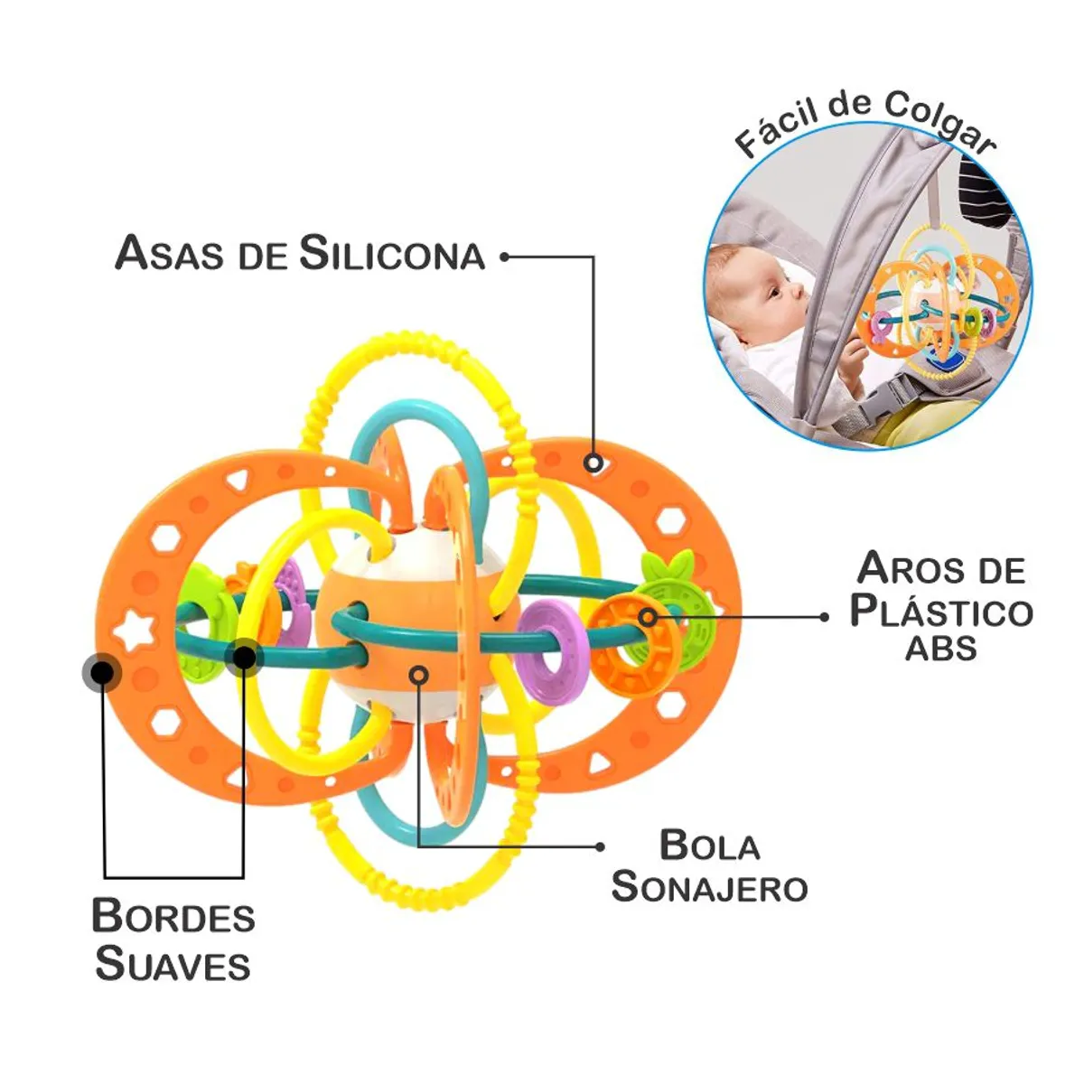 HUANGER - Juguete Mordedor Sonajero para la Dentición de Bebés Naranja