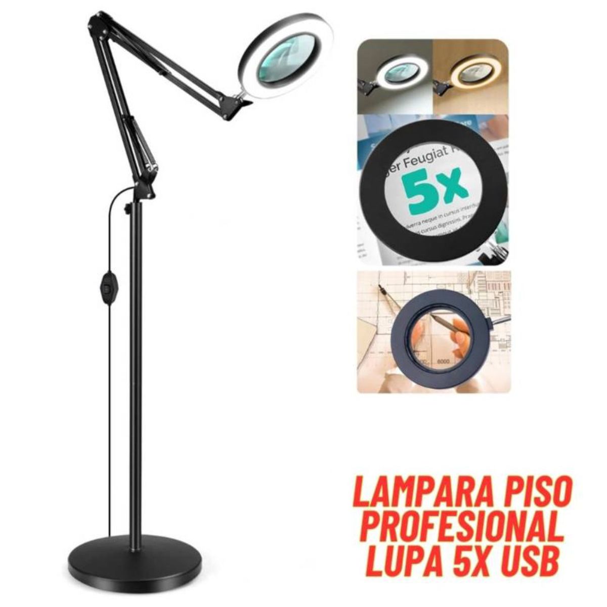 SEISA - Lampara Led con Lupa 5X Soporte Piso Suelo 180cm Pedestal