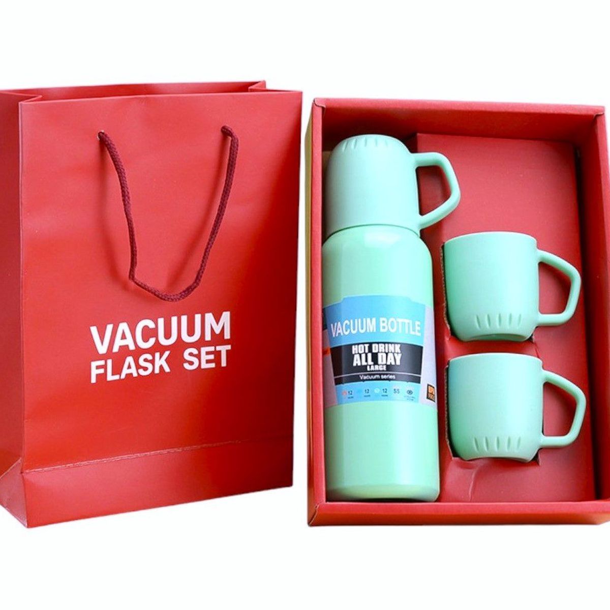 GENERICO - Termo portátil verde con 3 tazas caja individual tipo bolsa de regalo