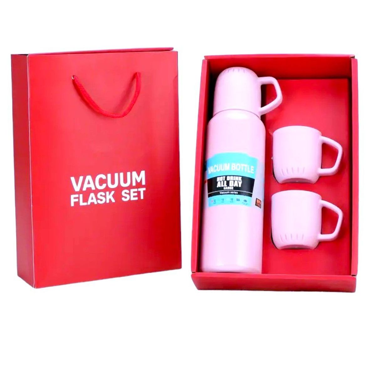 GENERICO - Termo portátil Rosa con 3 tazas caja individual tipo bolsa de regalo