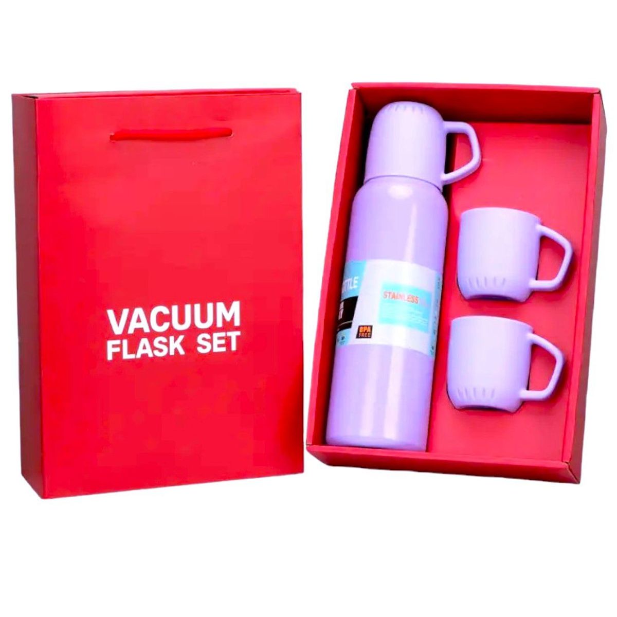 GENERICO - Termo portátil Lila con 3 tazas caja individual tipo bolsa de regalo