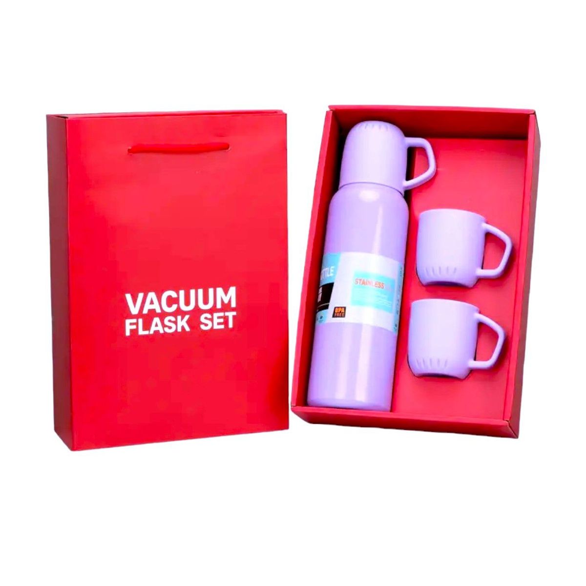 GENERICO - Termo portátil Lila con 3 tazas caja individual tipo bolsa de regalo