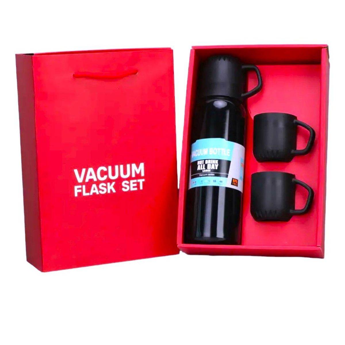 GENERICO - Termo portátil Negro con 3 tazas caja individual tipo bolsa de regalo