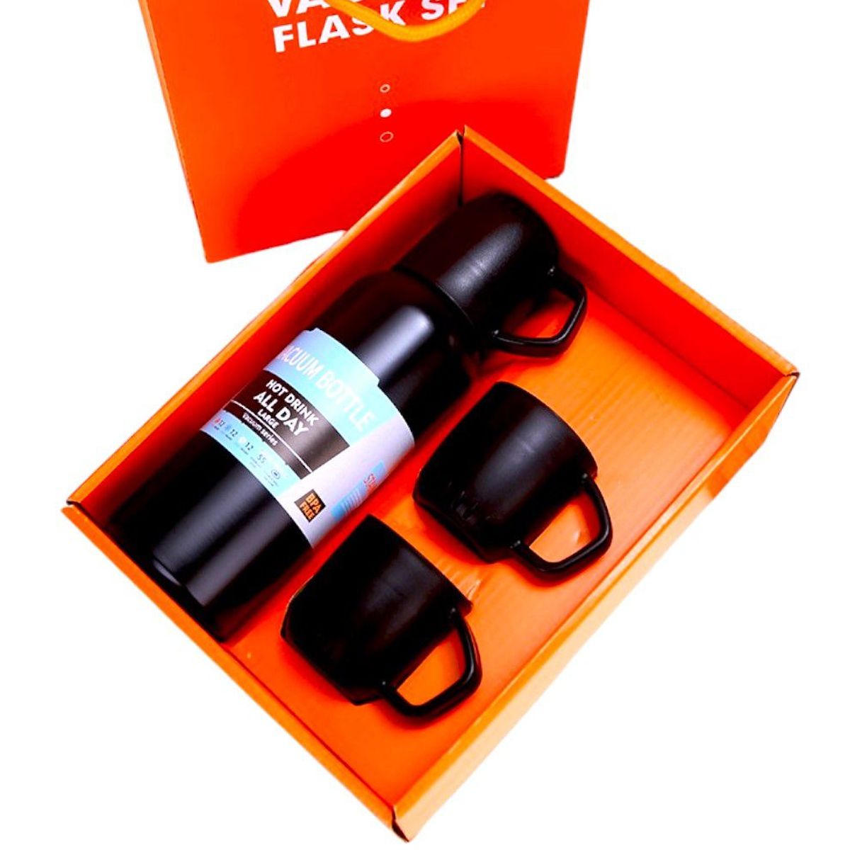 GENERICO - Termo portátil Negro con 3 tazas caja individual tipo bolsa de regalo