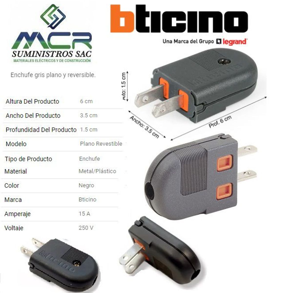 GENERICO - Enchufe plano reversible Gris 15A Bticino BTICINO