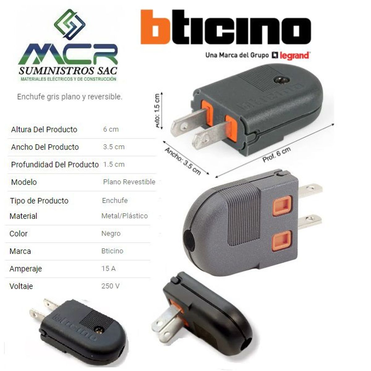 GENERICO - Enchufe plano reversible Gris 15A Bticino BTICINO