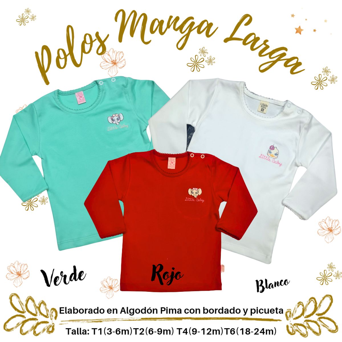 GENERICO - polos manga larga de bebe y niñas en algodon pima Trick Pack