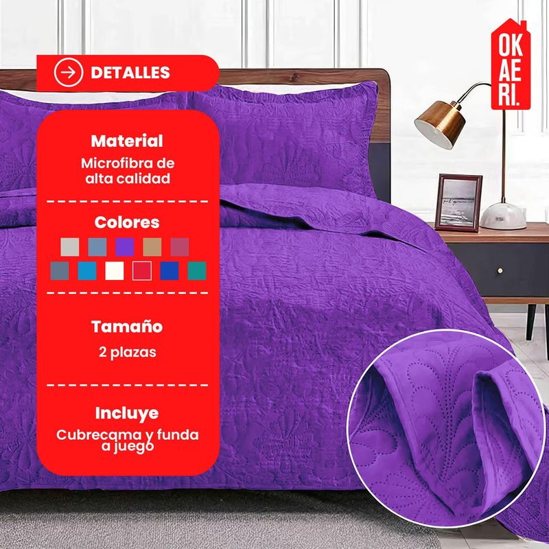OKAERI - Cubrecama de Microfibra para 2 Plazas con Funda Incluida - Violeta - 2 plazas