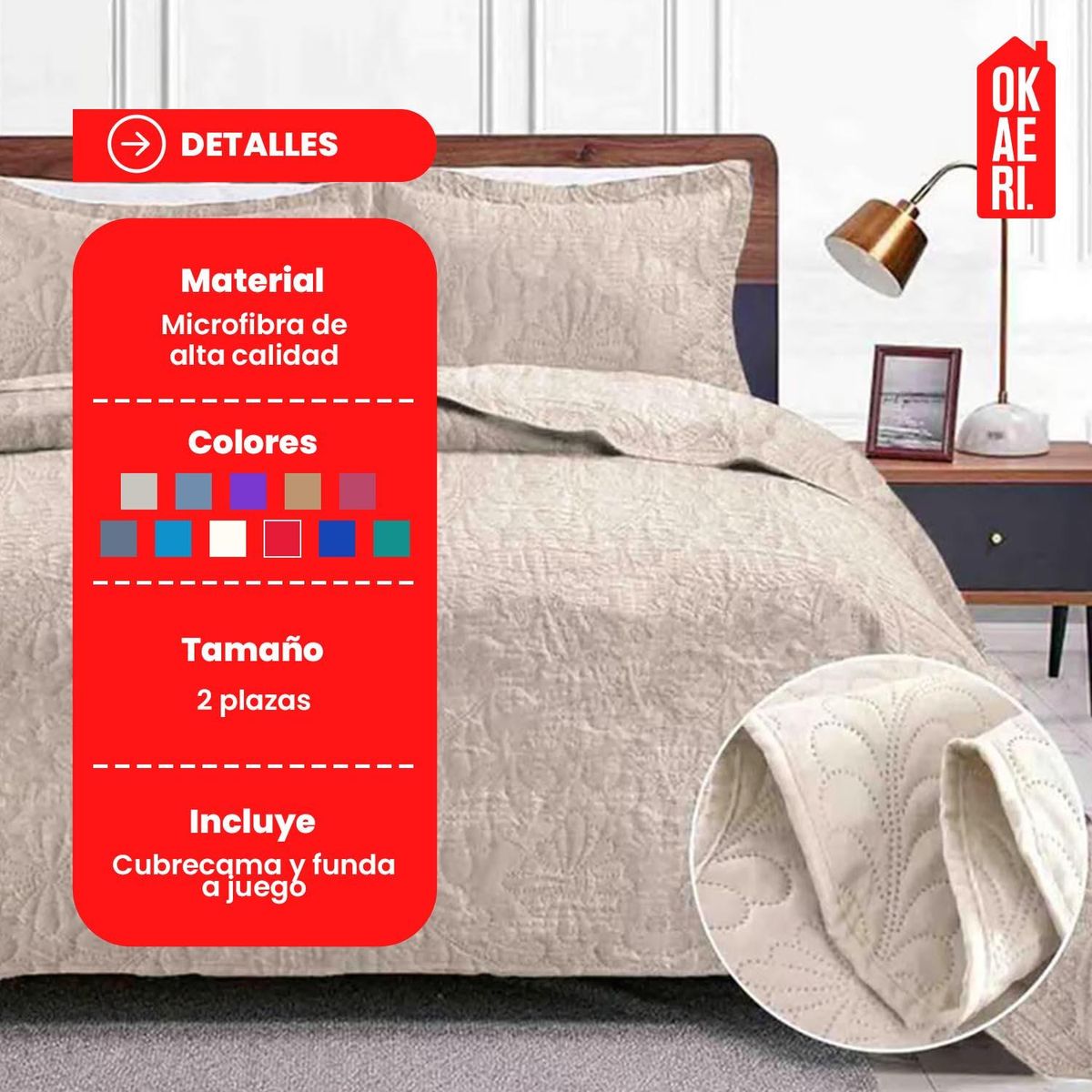 OKAERI - Cubrecama de Microfibra para 2 Plazas con Funda Incluida - Crema - 2 plazas