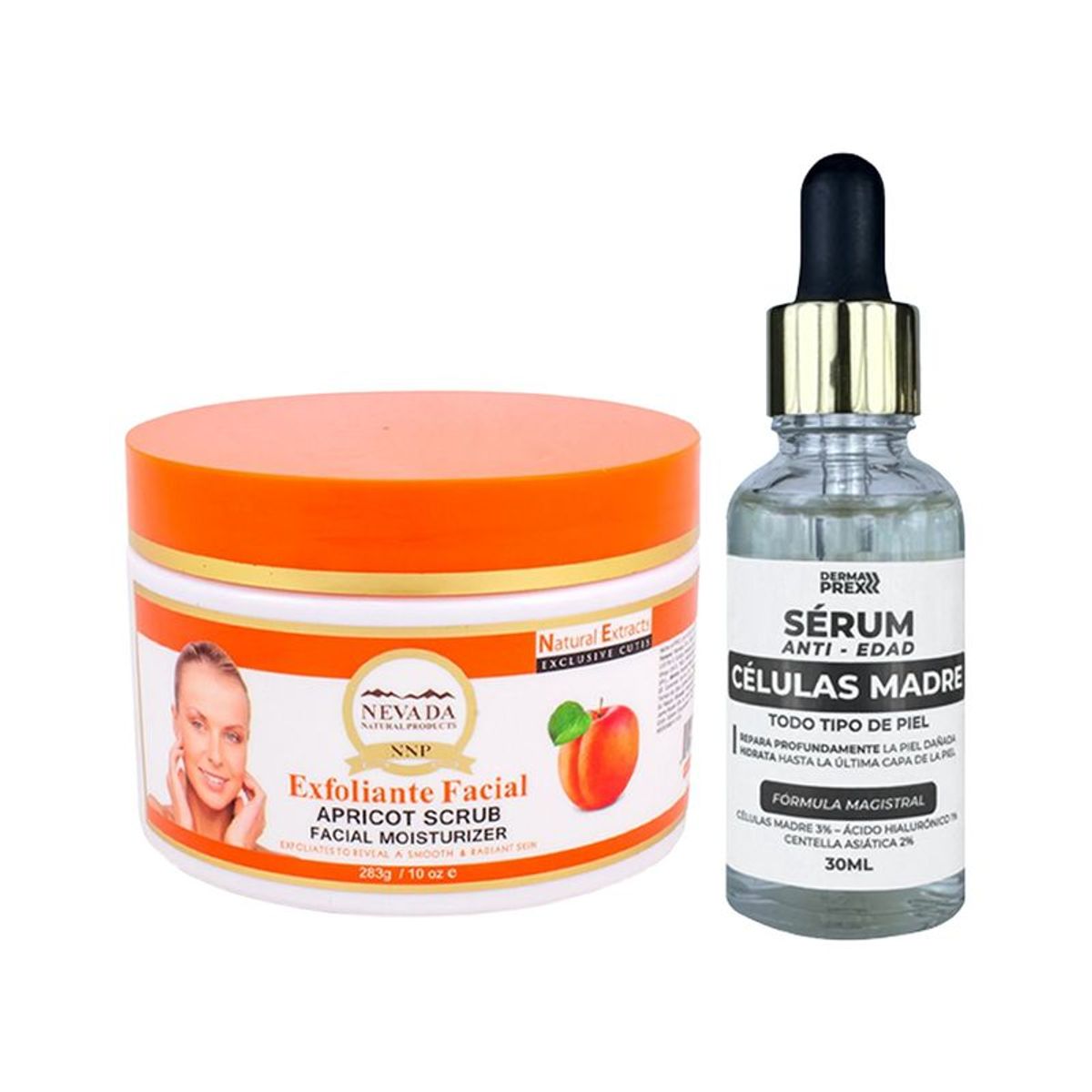 NEVADA NATURAL PRODUCTS - Exfoliante Facial Albaricoque + Serum Anti Edad Células Madre