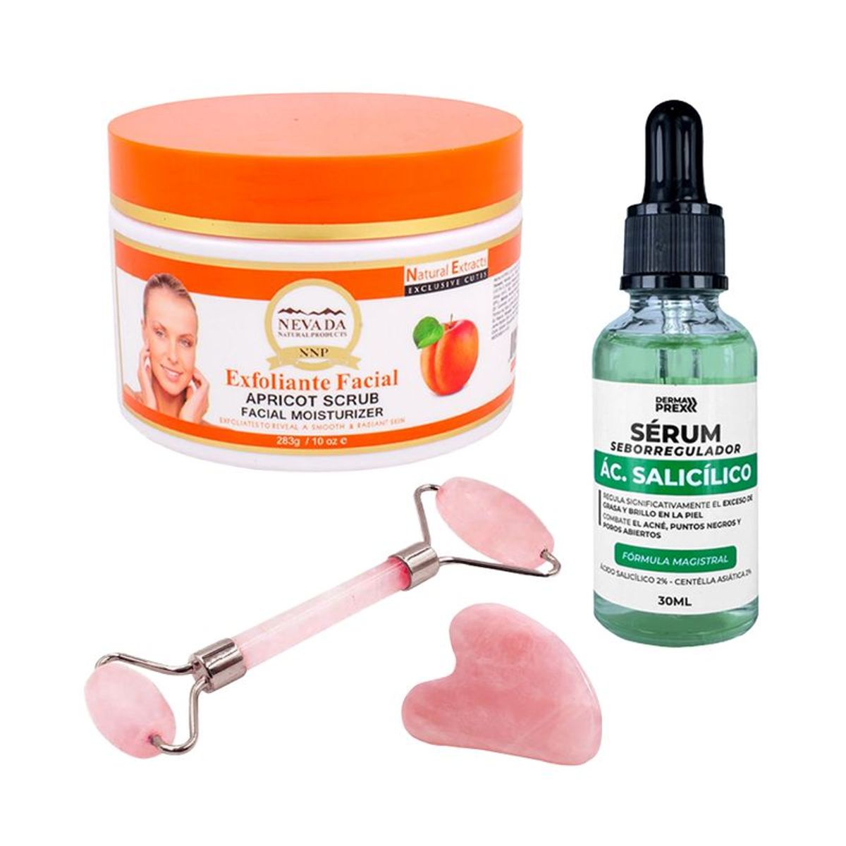 NEVADA NATURAL PRODUCTS - Exfoliante Facial Albaricoque + Serum Acido Salicilato + Rodillo