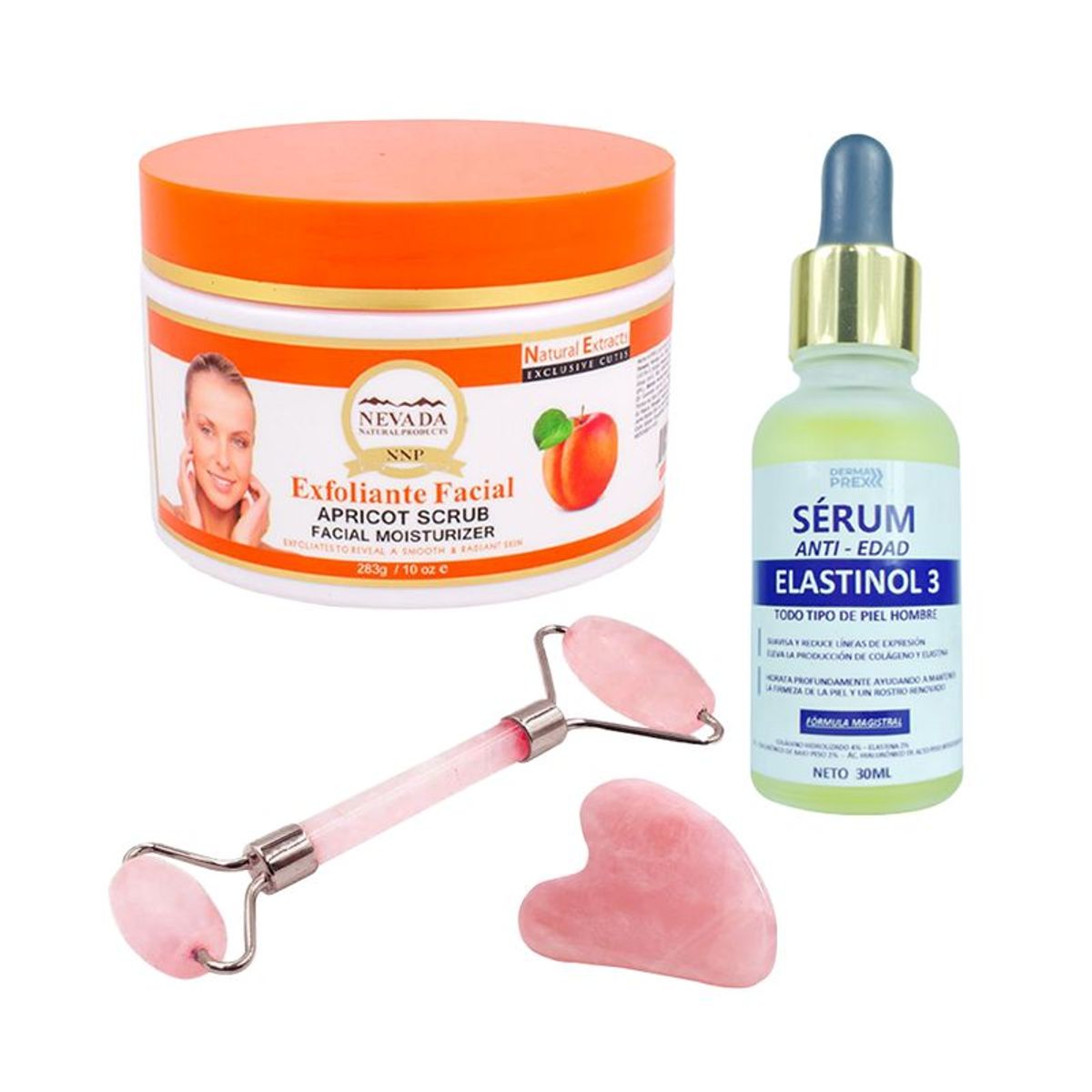 NEVADA NATURAL PRODUCTS - Exfoliante Facial Albaricoque + Serum Elastinol 3 Man + Rodillo