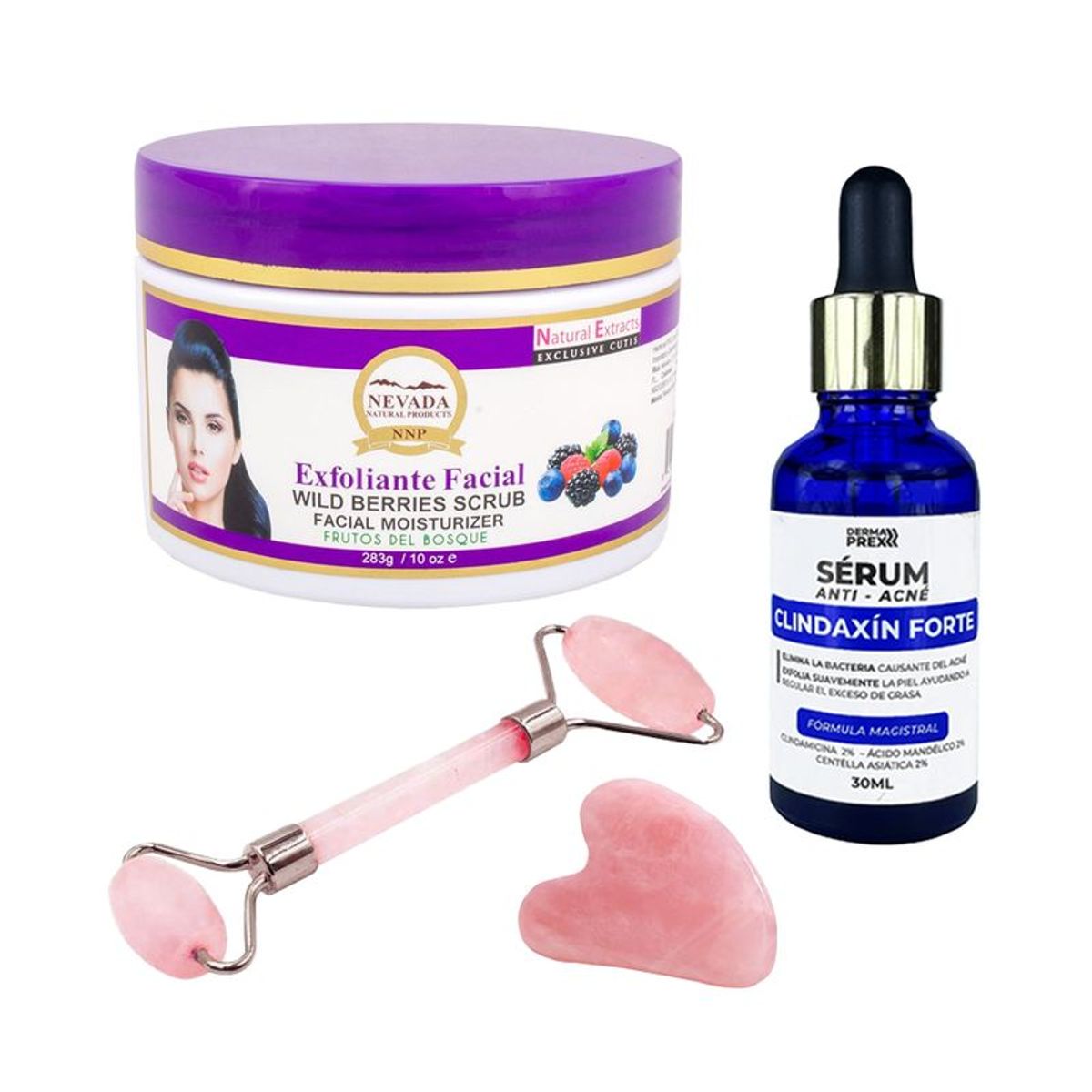 NEVADA NATURAL PRODUCTS - Exfoliante Facial Frutos Bosque + Serum Antiacne + Rodillo