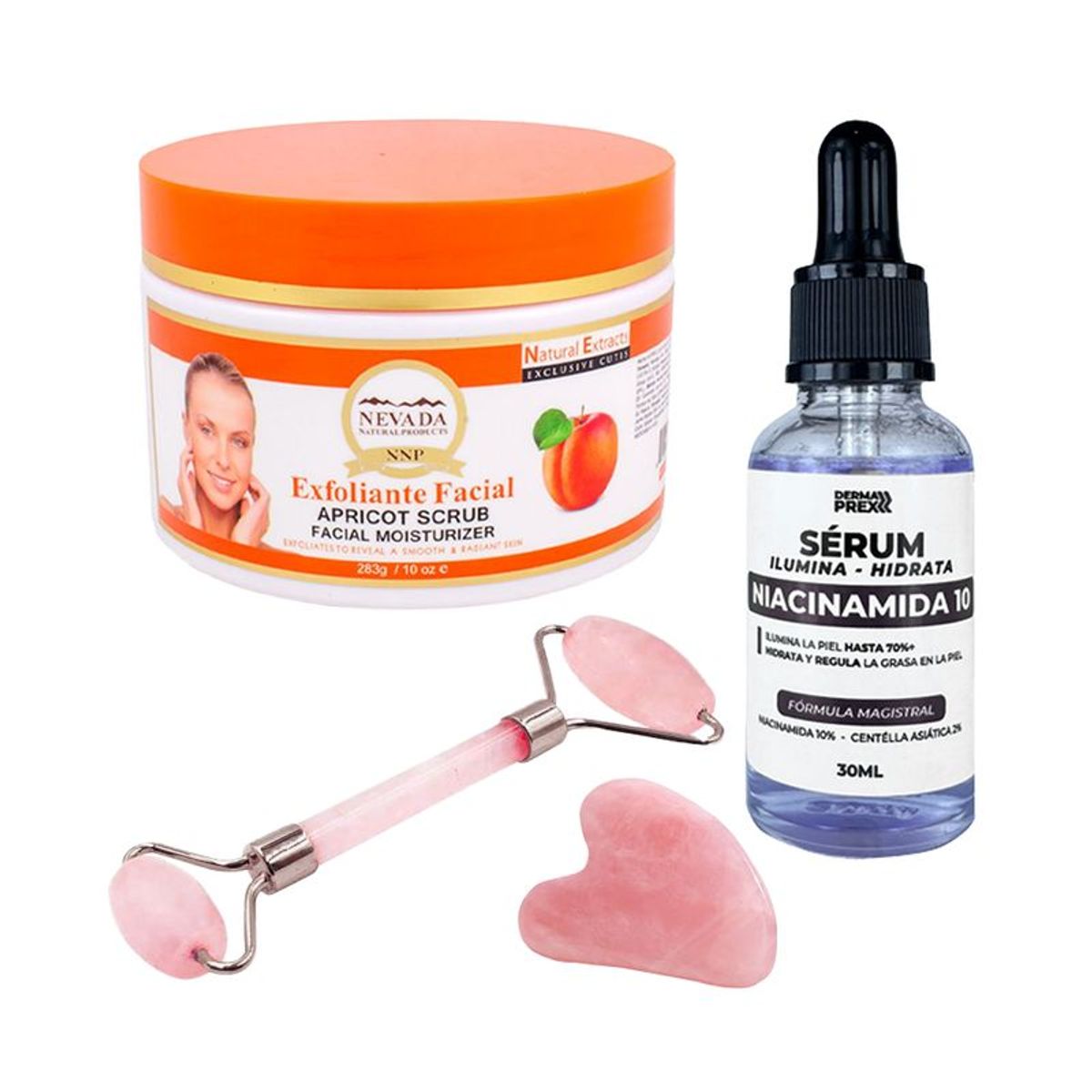 NEVADA NATURAL PRODUCTS - Exfoliante Facial Albaricoque + Serum Niacinamida 10 + Rodillo