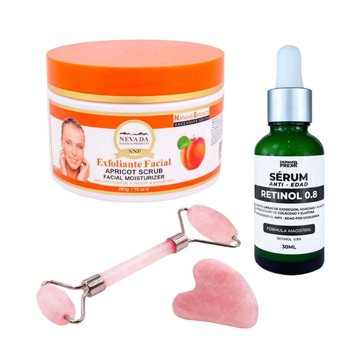 NEVADA NATURAL PRODUCTS - Exfoliante Facial Albaricoque + Serum Retinol 08 + Rodillo