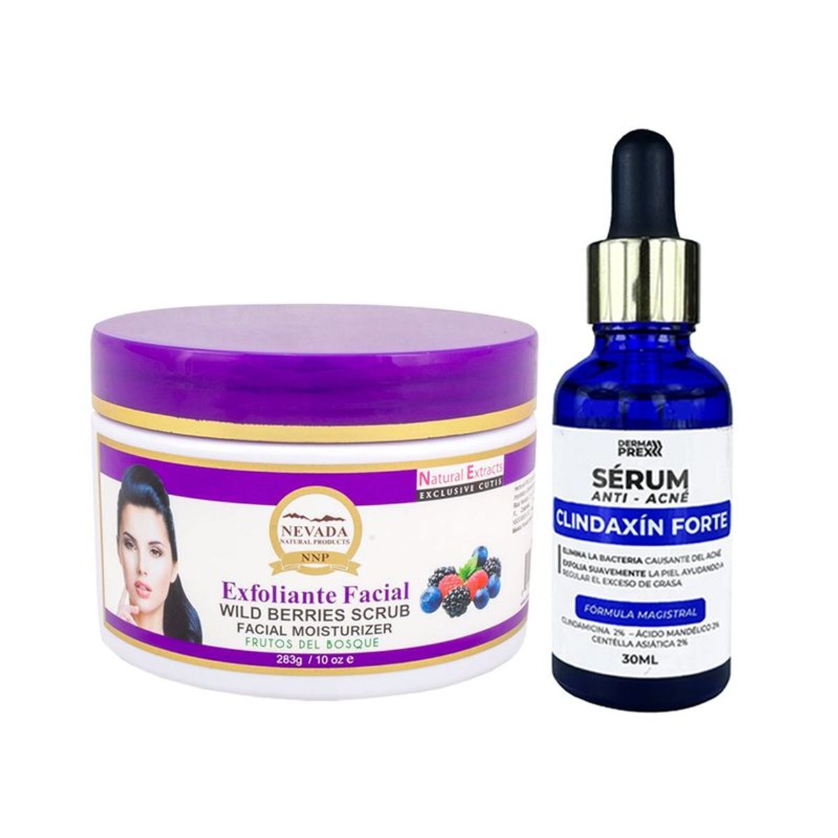 NEVADA NATURAL PRODUCTS - Exfoliante Facial Frutos Bosque + Serum Antiacne Clindaxin F