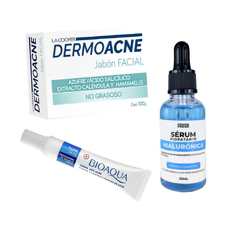 BIOAQUA - Crema Antiacne Pure Skin + Serum Hidratante + Jabón Dermoacne