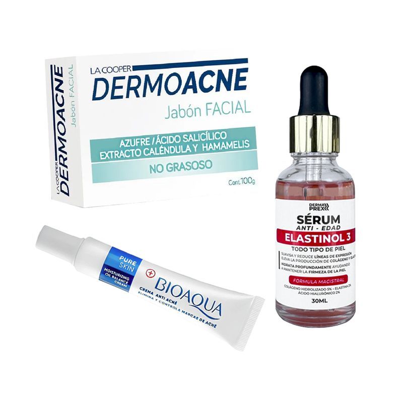 BIOAQUA - Crema Antiacne Pure Skin + Serum Antiedad + Jabón Dermoacne