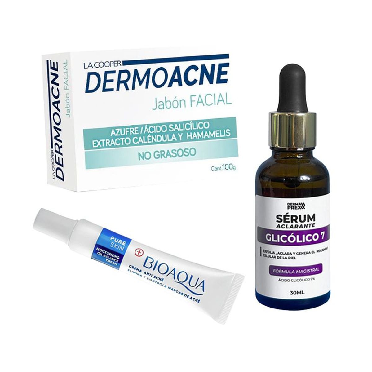 BIOAQUA - Crema Antiacne Pure Skin + Serum Aclarante + Jabón Dermoacne