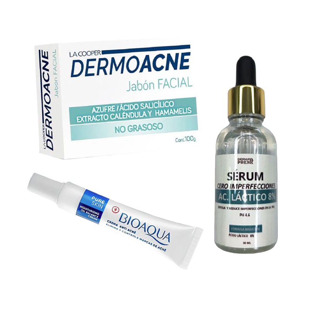 BIOAQUA - Crema Antiacne Pure Skin + Serum Ácido Láctico + Jabón Dermoacne