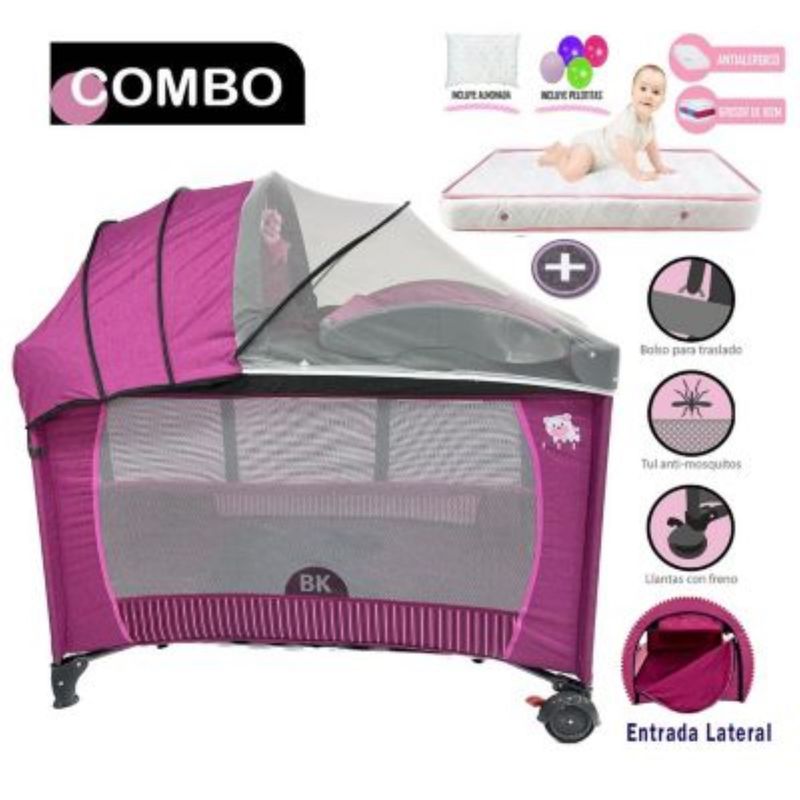BABY KITS - Cuna Corral para Bebé Baby Kits Roma Rosado + Colchón