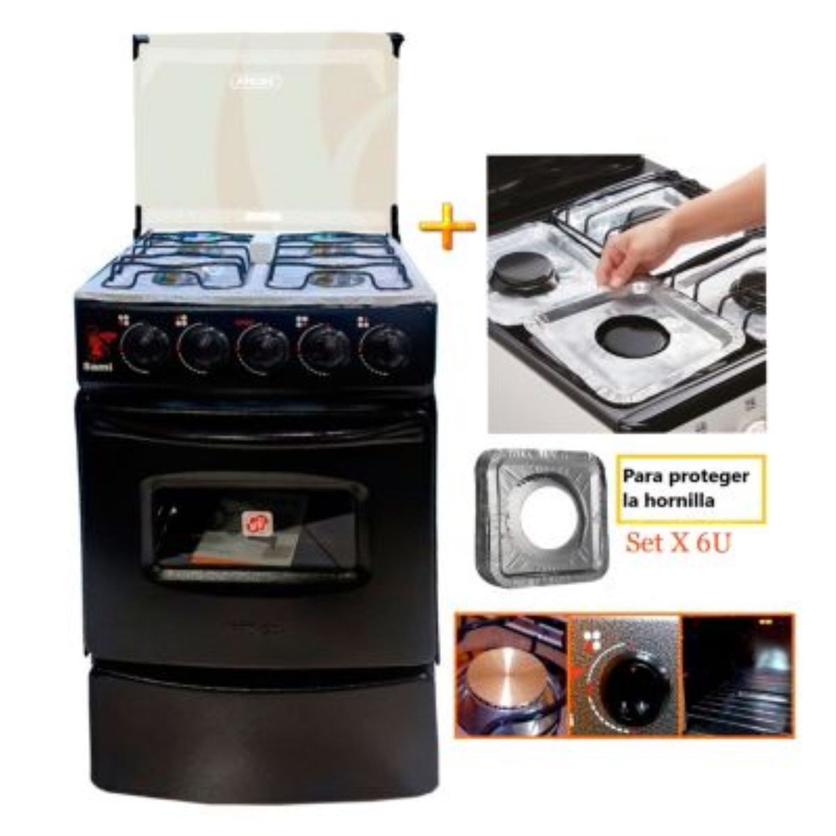 FADIC - Cocina Fadic con tapa de vidrio y horno sami 4h Negro  + Protector